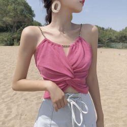  Undershirt small halter summer chic style sexy high waist short navel blouse versatile metal chain busting bottoming shirt