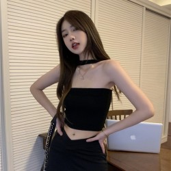 Hottie hanging neck halter tank top female summer 2024 new inside out black thin pure desire wind short paragraph top