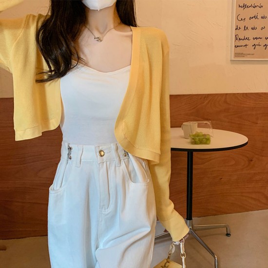 French thin knitted cardigan female summer small shoulders ice silk long-sleeved hitching short section hoodie shawl sunscreen jacket