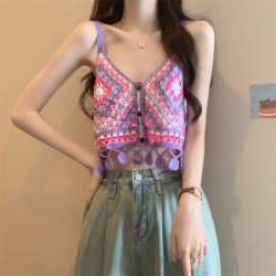 Bohemian ethnic wind hollow hook flower short section halter undershirt female summer new foreign-style ageing Slim tops