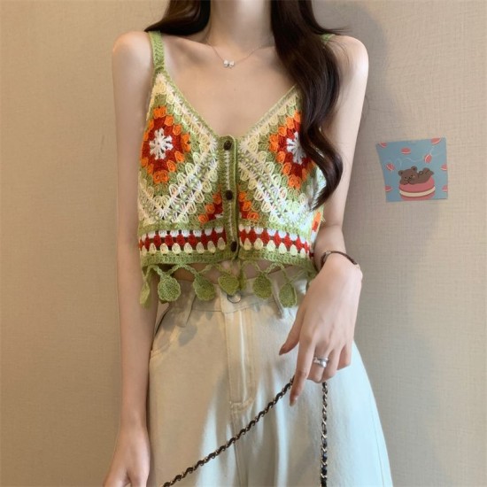 Bohemian ethnic wind hollow hook flower short section halter undershirt female summer new foreign-style ageing Slim tops