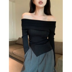 High-waisted open irregular one-shoulder temperament pullover blouse spring and fall new black long-sleeved bottoming knit sweater female