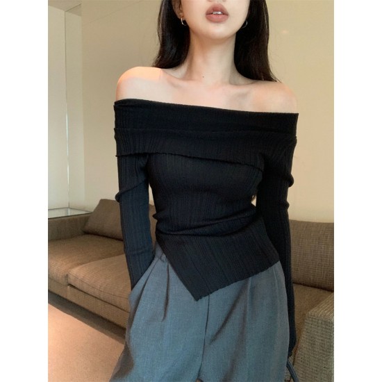 High-waisted open irregular one-shoulder temperament pullover blouse spring and fall new black long-sleeved bottoming knit sweater female