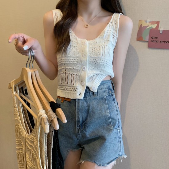 Knitted hollow sleeveless camisole women&#39;s summer 2024 new Korean style versatile slim outer cardigan top fashion