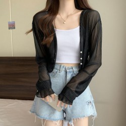 French thin knitted cardigan female summer small shoulders ice silk long-sleeved hitching short section hoodie shawl sunscreen jacket