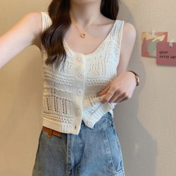 Knitted hollow sleeveless camisole women&#39;s summer 2024 new Korean style versatile slim outer cardigan top fashion