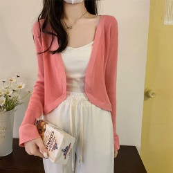 French thin knitted cardigan female summer small shoulders ice silk long-sleeved hitching short section hoodie shawl sunscreen jacket