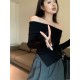 High-waisted open irregular one-shoulder temperament pullover blouse spring and fall new black long-sleeved bottoming knit sweater female